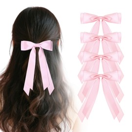 4PCS Silky Pink Hair Bow, Ribbon Hair Bows for Girls Women with Long Tails, Satin Clips Ties Pink Solid Satin Polyester Ponytail Holder Decor Accessories for Girls Women Daily and Party Wear