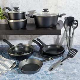 Gibson Soho Lounge Nonstick Forged Aluminum Induction Pots and Pans Cookware Set W/Cast Iron Skillet, 15-Piece Set, Black