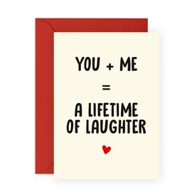 Sweet Love Greeting Card - 'You + Me = Lifetime of Laughter – Gifts for Couples, Partner, Boyfriend, Girlfriend, or Spouse – Anniversary, Valentine’s Day Greeting - Comes with Fun Stickers