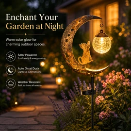 Solar Garden Stake Light for Outdoor Decor – Owl Moon Cat Pathway Lamp with Glass Globe Glow for Yard & Patio