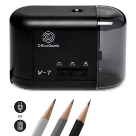 OfficeGoods Electric Pencil Sharpener - Battery or Cord Powered Portable Sharpener - Perfectly Sharpens Colored Pencils, Drafting Pencils for Kids, Adults, Office, School and Home - Black