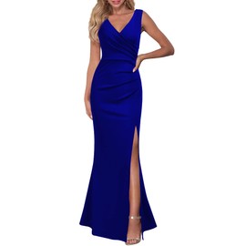 WOOSEA Women Sleeveless V Neck Split Evening Cocktail Long Dress Royal Blue