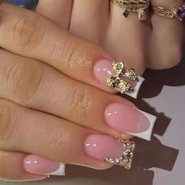 FNKFNK French Press on Nails Short Square Fake Nails with Rhinestones Designs Gold Bow Full Cover False Nails Glossy White French Tip Glue on Nails Reusable Artificial Acrylic Nails for Women 24Pcs