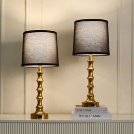 HGNPJC Gold Table Lamp 24" Nightstand Lamps Set of 2 Bamboo Shape Base Metal Desk Lamps with Linen Black Shade Modern Bedside Nightlight with USB A+C Ports Rustic Table Lamp for Farmhouse Dining Room