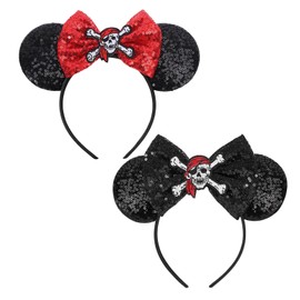 AIUBLS 2pcs Pirate Mouse Ears Headband, Pirates Accessories for womens Costume Parties and Cosplay Pirate Night and Cruise Red&Black