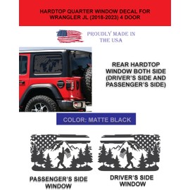 Compatible with Jeep Wrangler JL (4 Door) 2018 – 2023 | Precut US Flag Bigfoot Mountain Forest Window Decals | Proudly Made in The USA | Matte Black (US Flag Bigfoot Mountain)