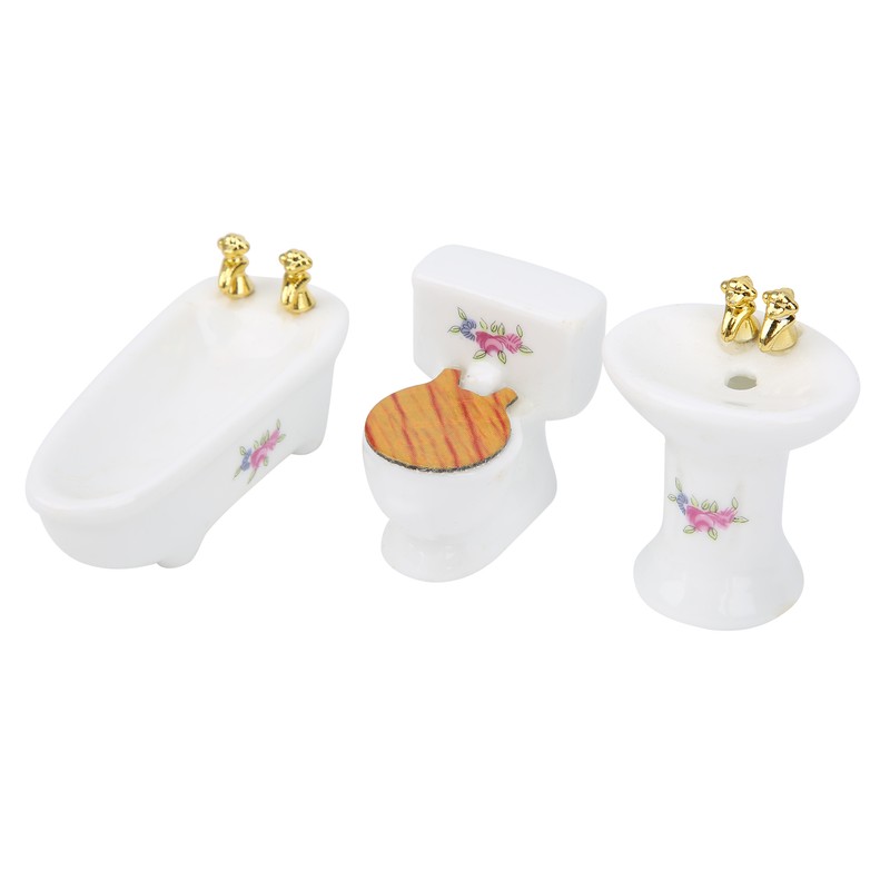 1/24 Dollhouse Miniature Bathroom Set Simulation Ceramic Bathtub Toilet Sink