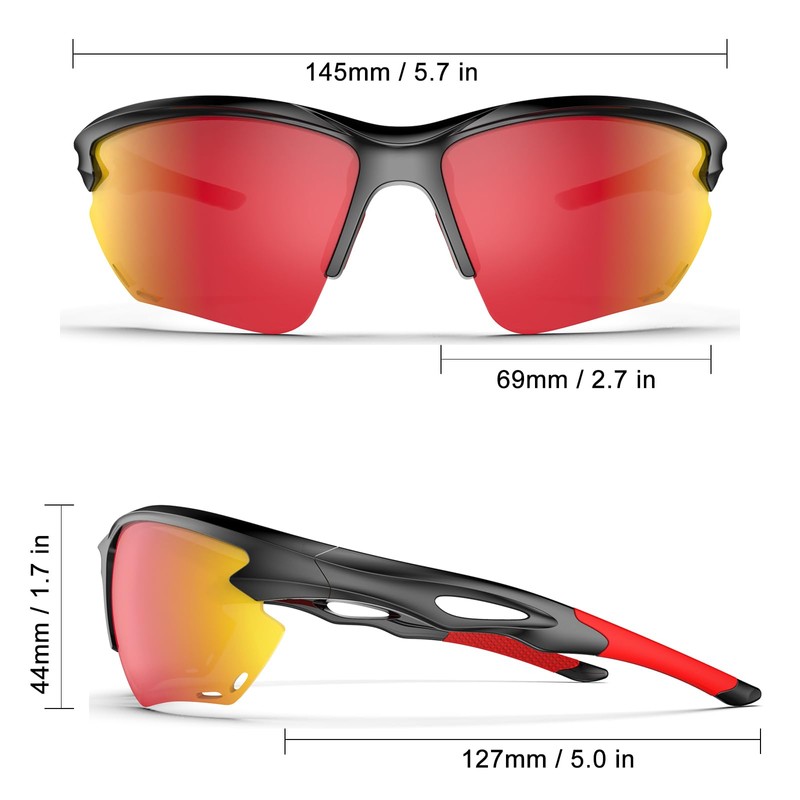 [HAAYOT] 偏光サングラス男性女性サイクリングメガネスポーツサングラス軽量耐久性TR90フレームMTBゴーグル釣り運転、光沢のある黒＆レッドゴールド