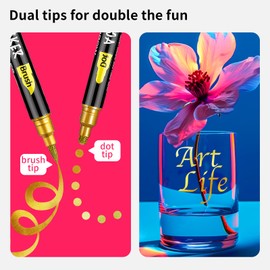 NAWOD 3 Gold Acrylic Paint Pens, Dual Tip Acrylic Paint Markers (Dot Tip + Brush Tip), Acrylic Markers for Rock, Fabric, Canvas, Glass, Wood, Ceramic, Paper, DIY, Paint Markers for Kids and Adults