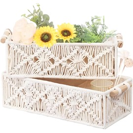 Boho Bathroom Decor Storage Baskets - Handwoven Macrame Set of 2, Woven Shelf Organizer for Bedroom Livingroom Home Countertop, Toilet Tank Bohemian Home Decor