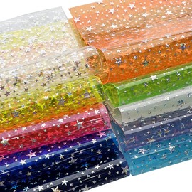 XHT 10 Pcs Shiny Transparent PVC Vinyl, Glitter Star Pattern Jelly Faux Leather for DIY Crafts