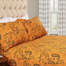 Superior Premium Cotton Flannel Sheets, All Season 100% Brushed Cotton Flannel Bedding, 4-Piece Sheet Set with Deep Fitting Pockets - Pumpkin Paisley, California King Bed