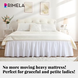 RIMELA White Bed Skirt Queen Size 15 Inch Drop, Elastic Bed Skirting for Bed Base and Frame, Bedding Dust Ruffle Easy to Install, Lightweight Comforter Set with Wrap Around Adjustable Bedskirt