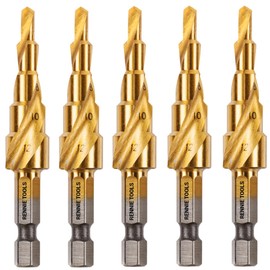5 Pack - 4mm to 12mm Spiral Flute Step Drill Bits High Speed Steel Titanium Coated, Metric Hex Shank, HSS Tool Set for DIY Plastic Wood Steel Metal Aluminum. Cone Cutter Hole Cutter Drill Bits