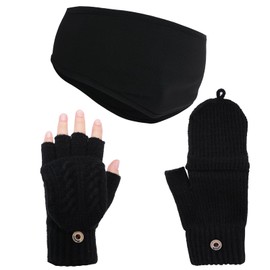 Heliltd Fleece Ear Warmers Headband for Men Women Ski Headbands Black Fingerless Mittens Winter Ear Muffs and Fingerless Gloves Set for Cold Weather Running Cycling