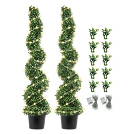 FutureNest Artificial Boxwood Spiral Topiary Trees 4ft (2 Pieces) Faux Plant Outdoor, All-Year Green Fake Plant with Replaceable Leaves for Decorative/Indoor/Porch/Garden(2 LED Light Kits Included)