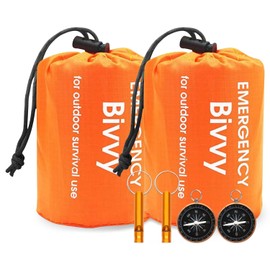 Emergency Sleeping Bag Set, 2 Pack Survival Sleeping Bag with 2 Pcs Compass and Whistle, Waterproof Emergency Blanket for Camping Hiking Outdoor Adventure
