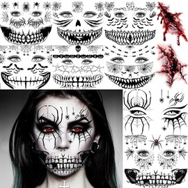 10 Sheets Scary Face Tattoos Halloween Temporary Tattoos Horrible Stitch Mouth Bucktooth Face Sticker, Realistic Spiderweb Bat Fake Scratch Scar Tattoos Halloween Costume Zombie Skull Witch Makeup Kit