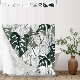 Tititex No Hooks Snap in Liner Tropical Botanical Palm Leaves Shower Curtain Sets, Hotel Luxury Double Layers Waterproof Fabric & See-Through Top Window Bathroom Decorative 72x78 Inch