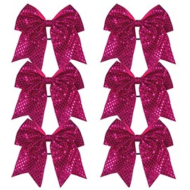 8 Inch Cheer Bows Cheerleader Ponytail Holder with Bling Fling Sequin Hair Tie Cheerleading Bows 6 Pcs (Shocking Hot Pink)