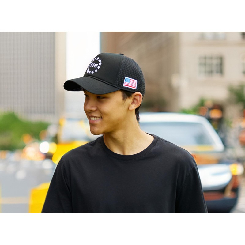 Structured Cotton Mesh 5 Panel Vintage Trucker Hat: 1776 (Black)