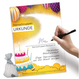 happylandgifts® Echte Sternschnuppe als Geburtstagsgeschenk | Echter Meteorit | Hochwertige Urkunde mit Wunschname zum selber eintragen | Geburtstag