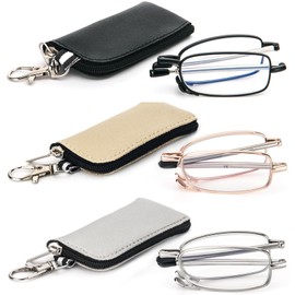 REAVEE 3 Pack Folding Reading Glasses with Keychain Compact Bags for Women Men, Blue Light Blocking Spring Hinge Portable Pocket Readers, Black Gold and Silver 2.5