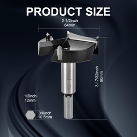 Mollom (64mm|2-1/2") Triple Flute Forstner Drill Bit for Woodworking with 3-Cutter YG8 Carbide Tipped of 2.0mm,Hinge Cutter Tool Kits for Hard Soft Wood, Plastic, Plywood