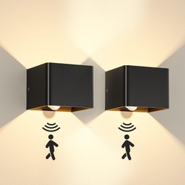 Kinamy Wall Light with Motion Sensor Indoor, LED Wall Lamp Up Down, Wall Lighting Modern Black, Wall Lights for Hallway, Stairs, Kitchen, Living Room, Bedroom, Pack of 2