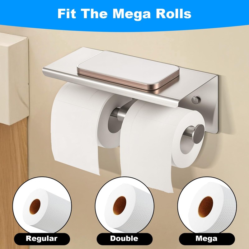 Double Toilet Paper Holder with Shelf, Wall Mount Tissue Roll