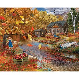 Bits and Pieces - 300 Piece Jigsaw Puzzle for Adults 18" x 24" - Autumn Cabin - 300 pc Fall Forest Lake Tree Leaves Scarecrow Rustic Jigsaw by Artist Bigelow Illustrations