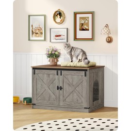 Hzuaneri Cat Litter Box Enclosure, Hidden Litter Box Furniture with Removable Dividers, Reversible Entrance Left or Right Side, Cat House, 31.5 x 21.7 x 21.3 Inches, Light Ivory and Brown CB84605X