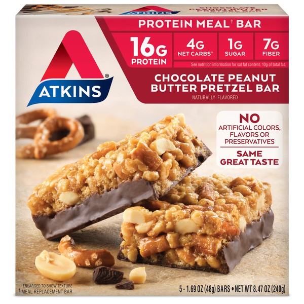Atkins Chocolate Peanut Butter Pretzel Protein Meal Bar, High Fiber, 16g Protein, 1g Sugar, 4g Net Carbs, Meal Replacement, Keto Friendly, 5 Count