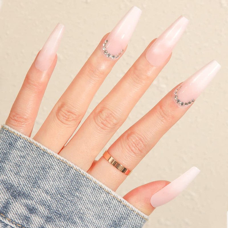 24 Pcs Pink False Nail Tip,Diamond False Nail Tip with