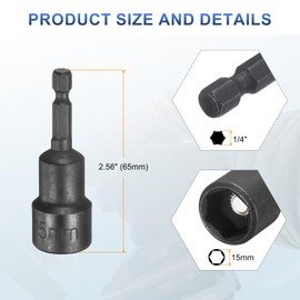 sourcing map 2pcs Magnetic Nut Driver 15mm Hex Drive Socket CR-V Steel Power Screw Drill Bits Socket Wrench Tools with 1/4" Quick Change Hex Shank for Power Drills Impact Drivers, Black