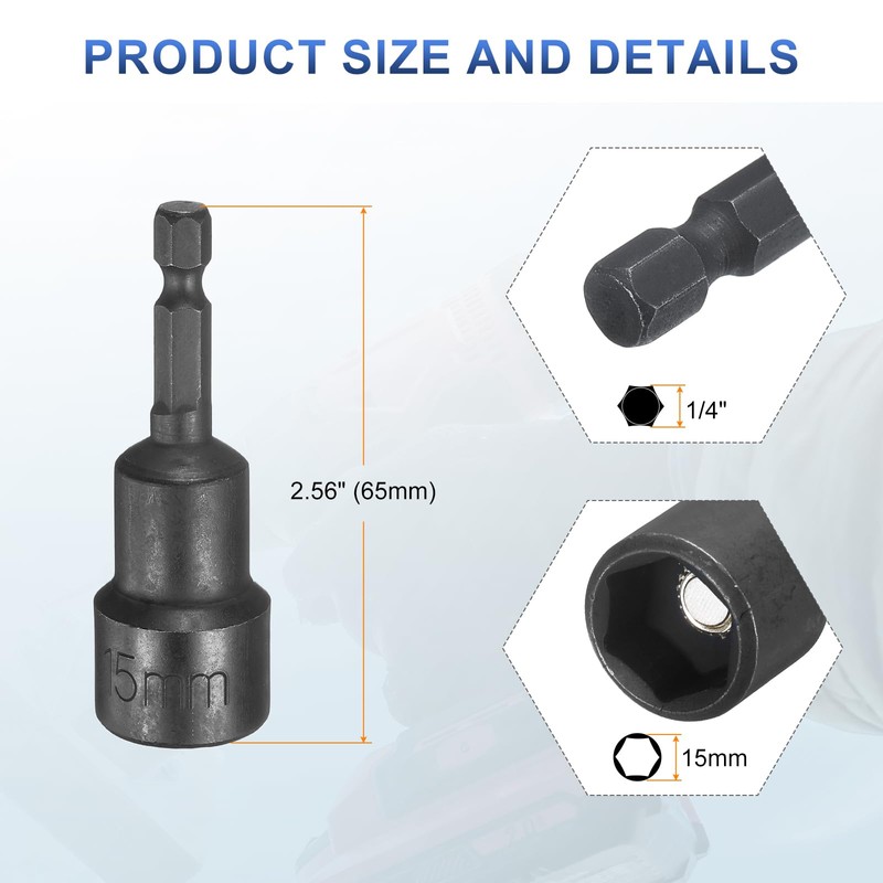 sourcing map 2pcs Magnetic Nut Driver 15mm Hex Drive Socket