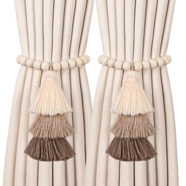 4 Pack Magnetic Curtain Tiebacks with 3-Tier Tassel, Wood Bead Curtain Holdbacks No Drill, Boho Curtain Tie Backs, Decorative Curtain Holders for Drapes in Bedroom, Nursery, Living Room (Coffee Brown)