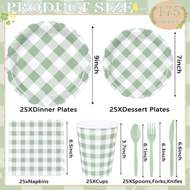 175 Pcs Sage Scalloped Gingham Party Supplies for 25 Guests, Sage and White Checkered Paper Plates, Cups and Napkins Sets for Baby & Bridal Shower, Wedding, Birthday Party, Outdoor Picnic