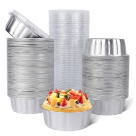 Beasea Ramekins 8 oz with Lids Disposable, 120 Pack 8 oz 4 Inch Mini Silver Aluminum Foil Creme Brulee Baking Cups Small Round Cupcake Tart Pie Tins Pans Individual Containers Oven Safe
