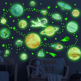 Watercolor Stars Wall Decals Glow in The Dark, Moon Astronaut Wall Stickers for Bedroom, Baby Nursery Planets Decoration for Ceiling （Green)