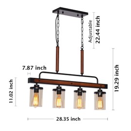 4-Light Linear Wood Kitchen Pendant Light, Wooden Farmhouse Chandelier, Kitchen Dining Room Adjustable Pendant Lighting Hanging Fixtures (Bulb not Included)