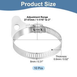 sourcing map 10Pcs Stainless Steel Hose Clamps Worm Gear Hose Clamp, 27-51mm(1-1/16" to 2") Adjustable Thumb Screw Key Type Clamps Fuel Line Clamps 8mm Bandwidth for Plumbing, Automotive
