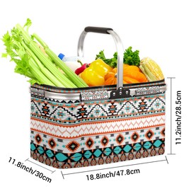 Ethnic Aztec Geometric Collapsible Market Basket, Leakproof Folding Collapsible Portable Picnic Basket Strong Aluminum Frame for Travel, Shopping, Camping & Lake Trips