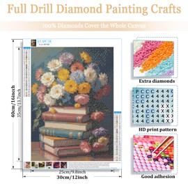 Gamteldot Diamond Art Kits for Adults - 12x16 Inch 5D Full Drill Book & Floral Diamond Painting,Vintage Book with Flowers DIY Craft Kit,Diamond Art Book Theme for Reading Room Decor and Literary Gifts
