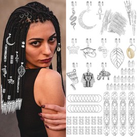 107 Pieces Dreadlocks Locs Jewelry Braids Clips African Pendant Charms Braid Loc Stainless Steel Adjustable Hair Cuffs Butterfly Shell Leaf Snake Moon Cross Dreadlock Accessories Silver