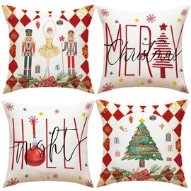 PAPU Christmas Cushion Cover, 50 x 50 cm, Set of 4 Christmas Linen Christmas Cushion Covers, Sofa Bedroom Couch Christmas Cushion Covers Christmas Cushion Cover
