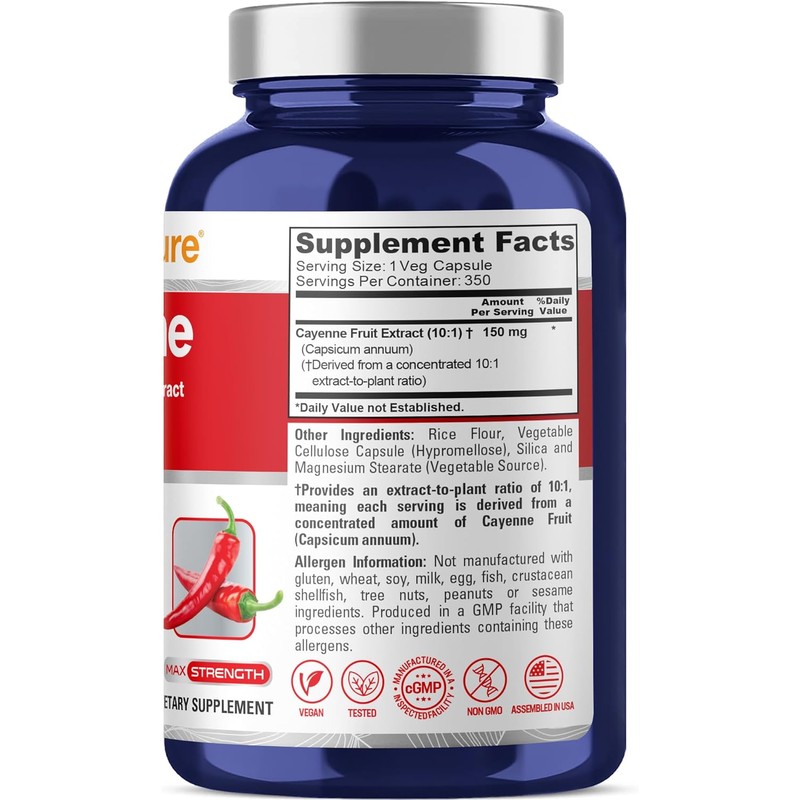 NusaPure Cayenne Pepper Capsules, 150 mg, 350 Veggie Capsules (Non-GMO,