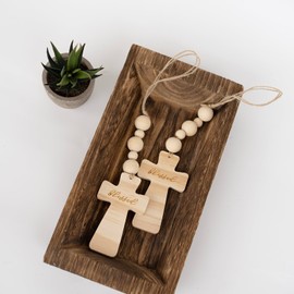 RUIRUICO Wood Bead Garland with Blessed Cross, Farmhouse Cross Bead Garland for Tiered Tray, Shelves Coffee Table, Wall Decor, Wooden Crosses Baptismal Gifts