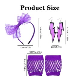 5 Pcs 80s Fancy Dress Costume Accessories, Lace Bow Headband, purple Fishnet Gloves, Earrings, Elastic Women's Neon Lace Headband Earrings Fishnet for Women Gloves 80s Retro Party
