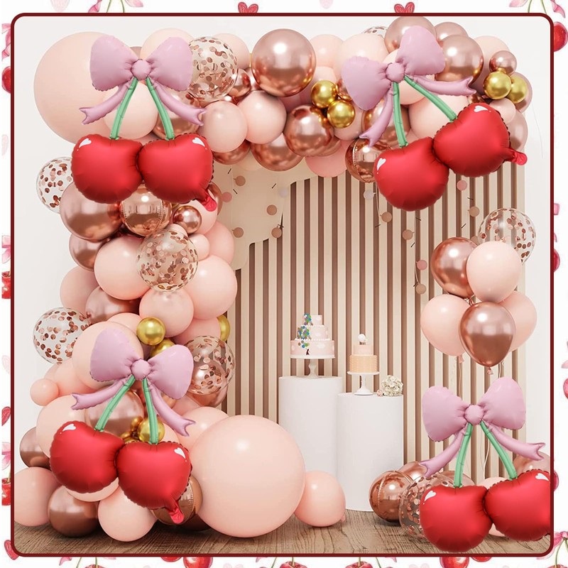 4 palloncini rosa con fiocco e ciliegie rosse, decorazioni per